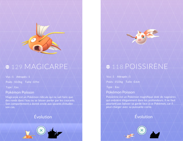 Magicarpe et Poissirène dans Pokemon Go