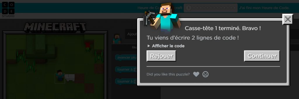 Casse tête niveau 1 d'hour of code réussi