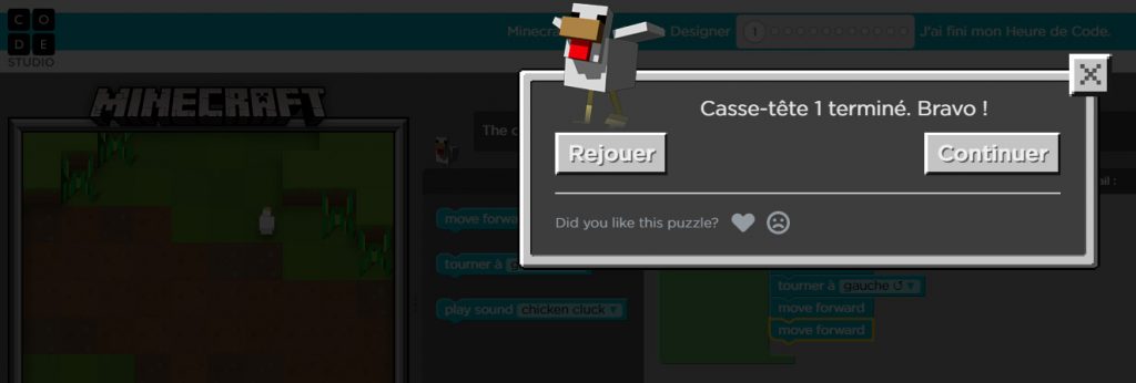Niveau de code Minecraft réussi
